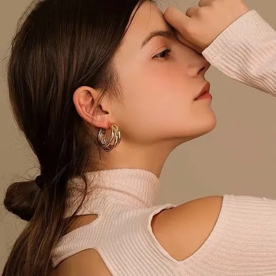 Artistic Gold Triple Hoops Earrings
