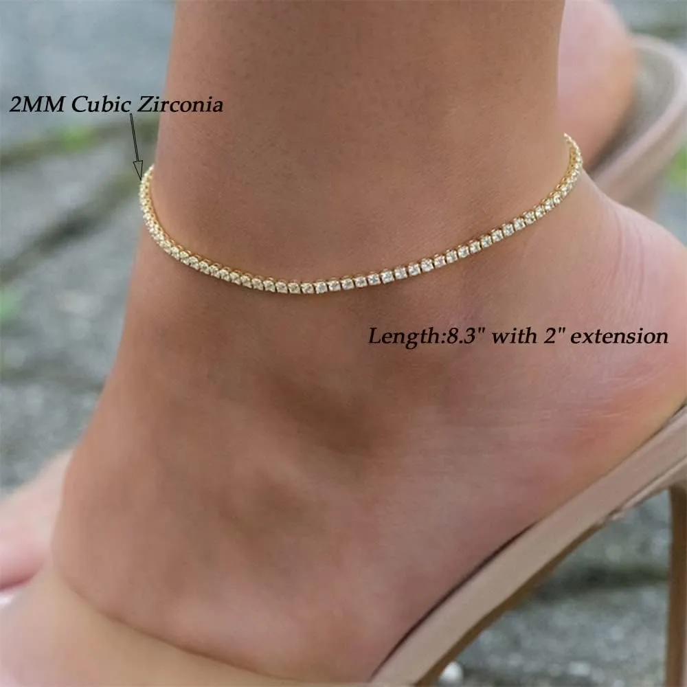 ASCOMY Ankle Bracelets for Women 14K Gold Plated Anklet for Women Silver Layered Shining Tennis Anklet Dainty Beaded Bar Dot Pearl Satellite Link Chain Anklets Summer Beach Foot Chain Jewelry Gifts