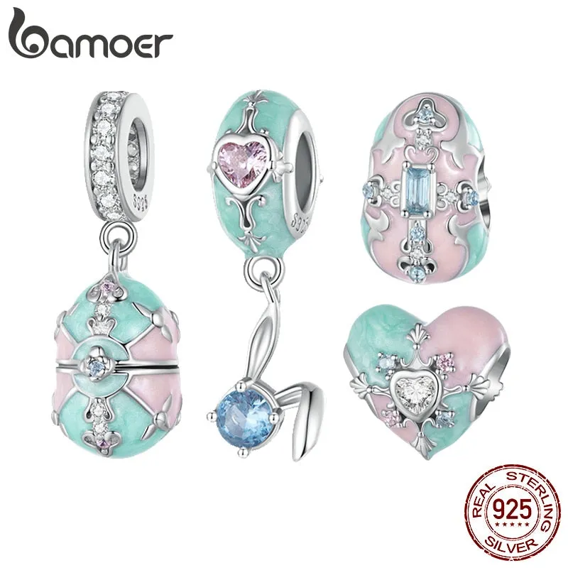 Bamoer Genuine 925 Sterling Silver Easter Collection Egg Bunny Rabbit Charms for Charm Bracelet or Necklace Pendants DIY Fine Jewelry
