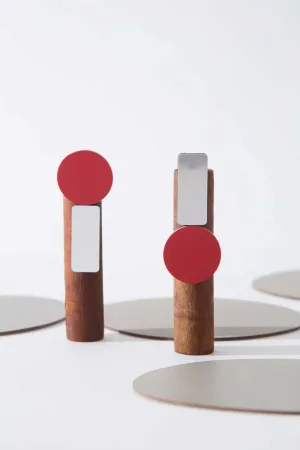 Bauhaus Asymmetrical Earrings in Silver & Red