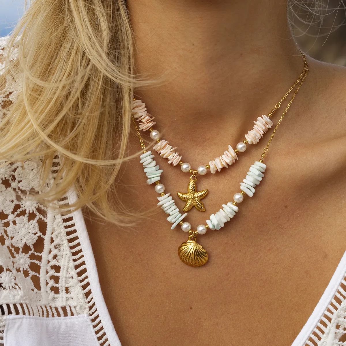 Beach Necklace Green Shell Piece Pearl Party Pendant