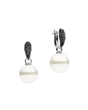 Black Diamond Touchstone Pearls My Way Earrings | 14mm Oval Pearls, Black Diamonds, and White Gold