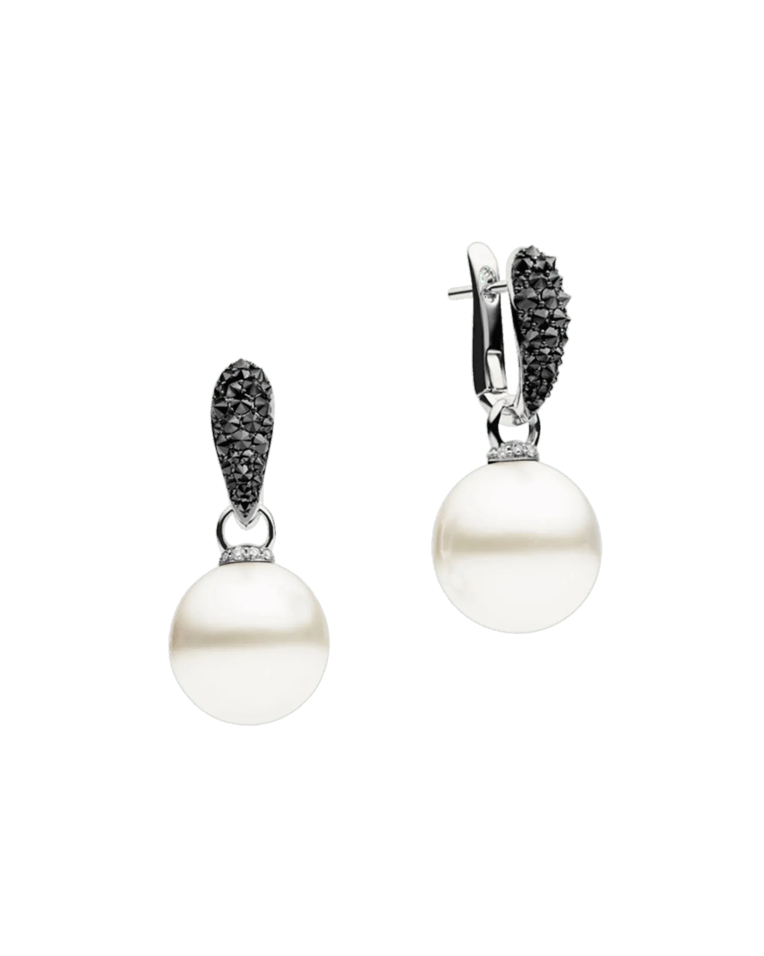 Black Diamond Touchstone Pearls My Way Earrings | 14mm Oval Pearls, Black Diamonds, and White Gold