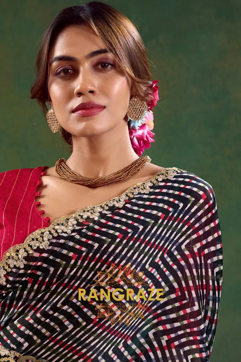 Black Multicolor Striped Pure Chiffon Saree with Embroidered Border and Red Blouse