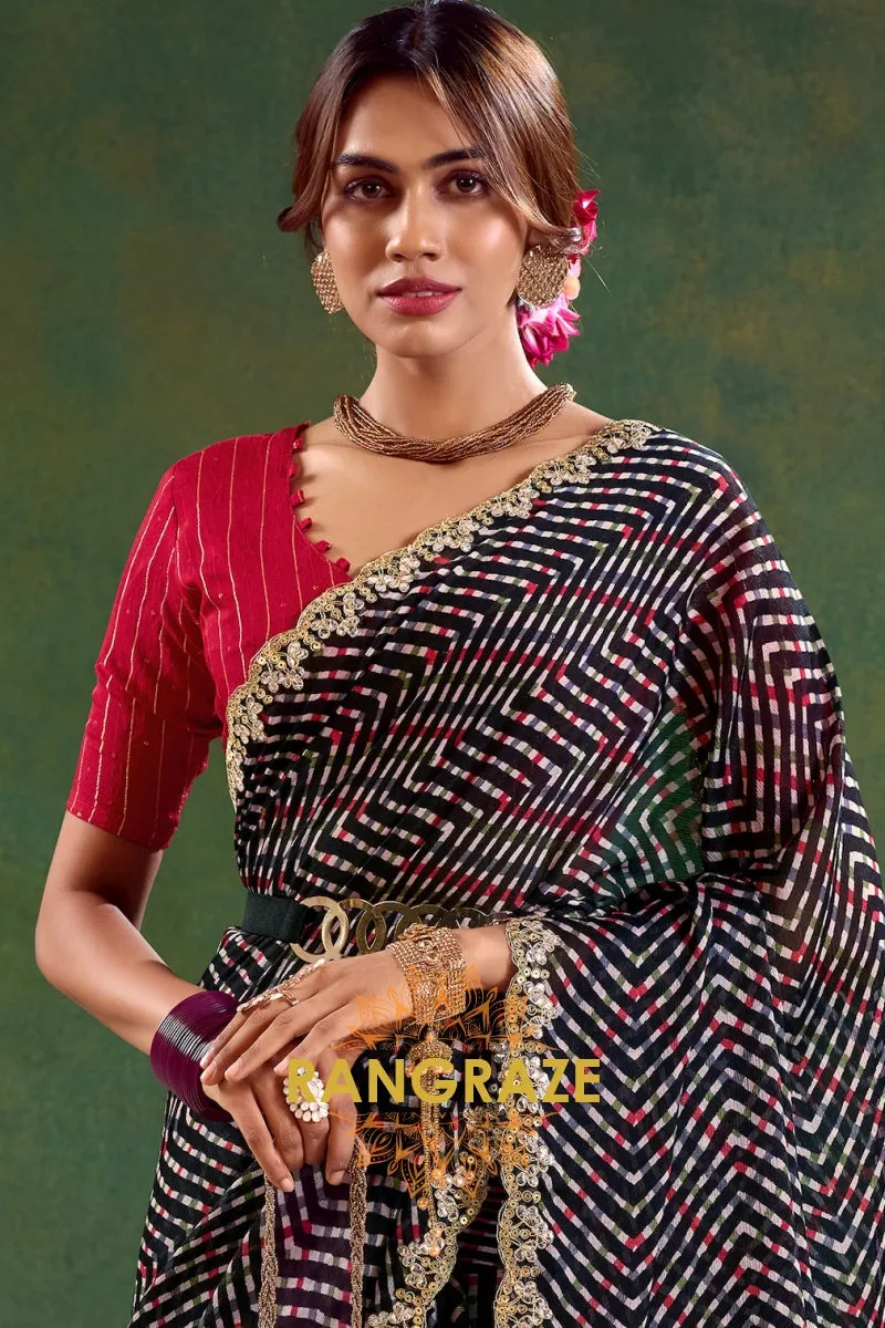 Black Multicolor Striped Pure Chiffon Saree with Embroidered Border and Red Blouse