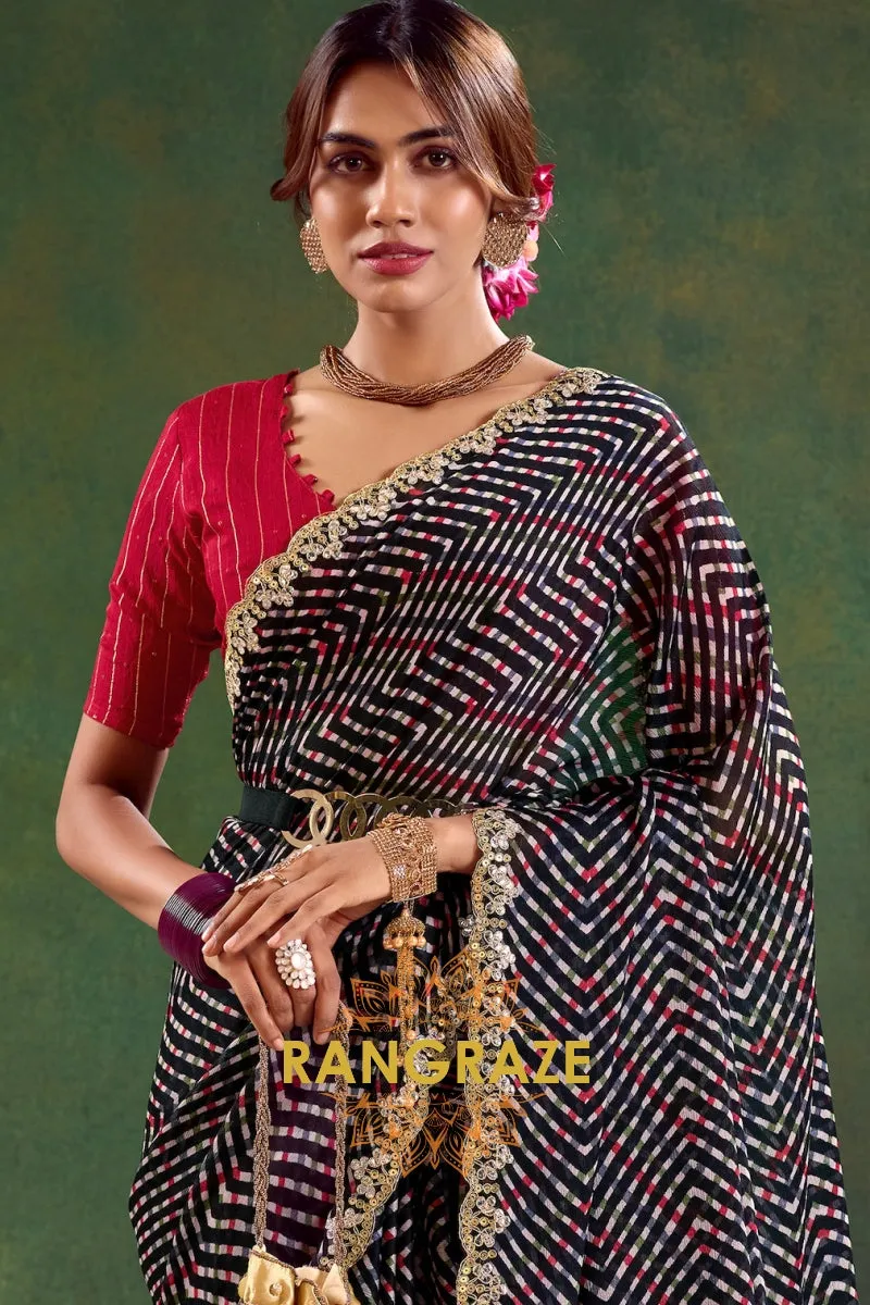 Black Multicolor Striped Pure Chiffon Saree with Embroidered Border and Red Blouse