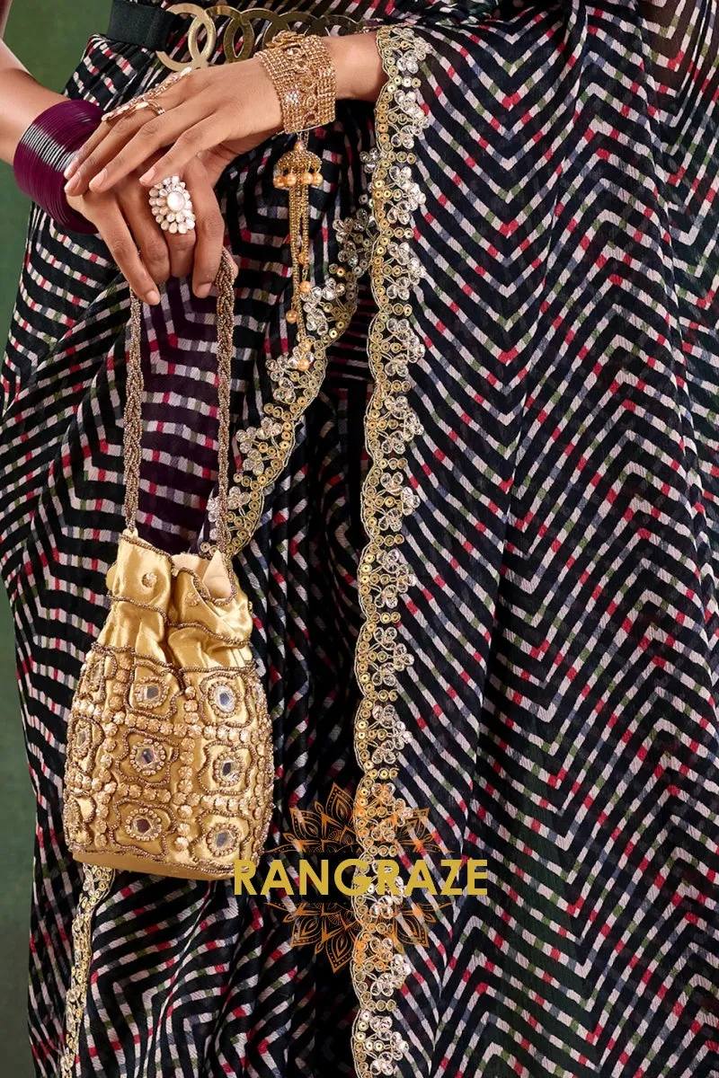 Black Multicolor Striped Pure Chiffon Saree with Embroidered Border and Red Blouse