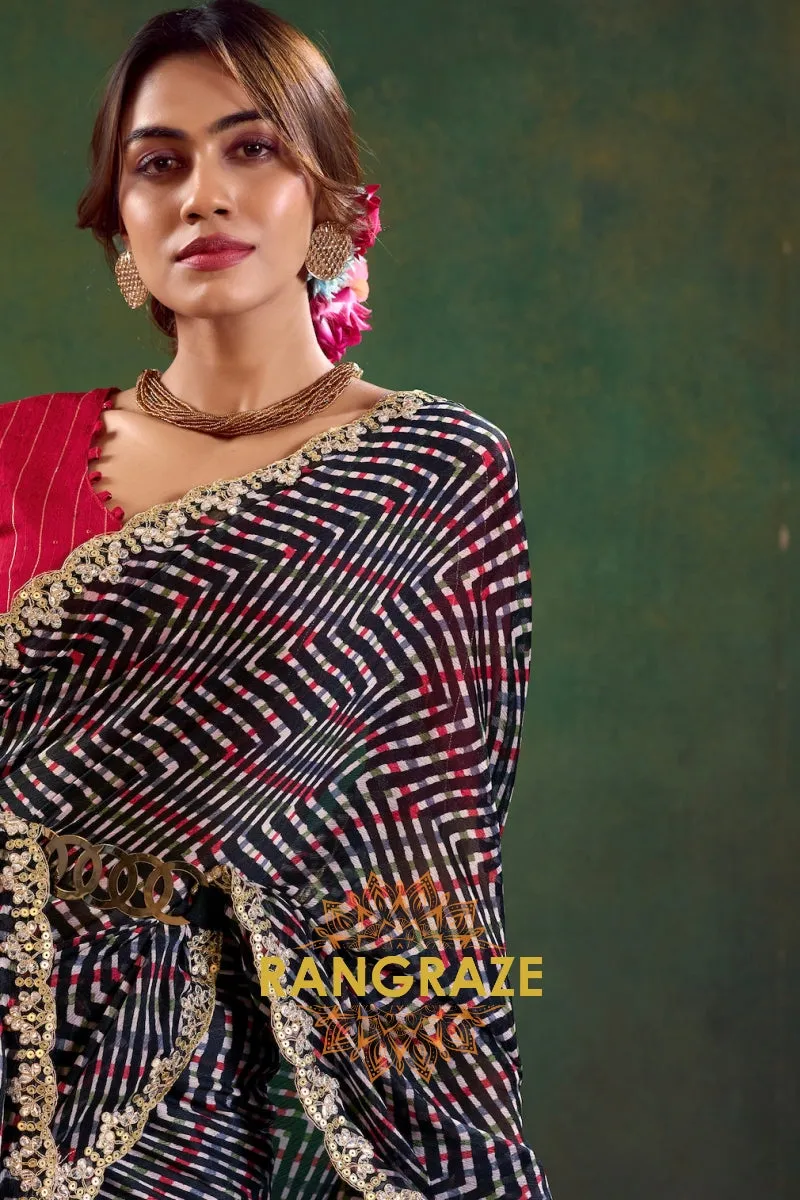 Black Multicolor Striped Pure Chiffon Saree with Embroidered Border and Red Blouse