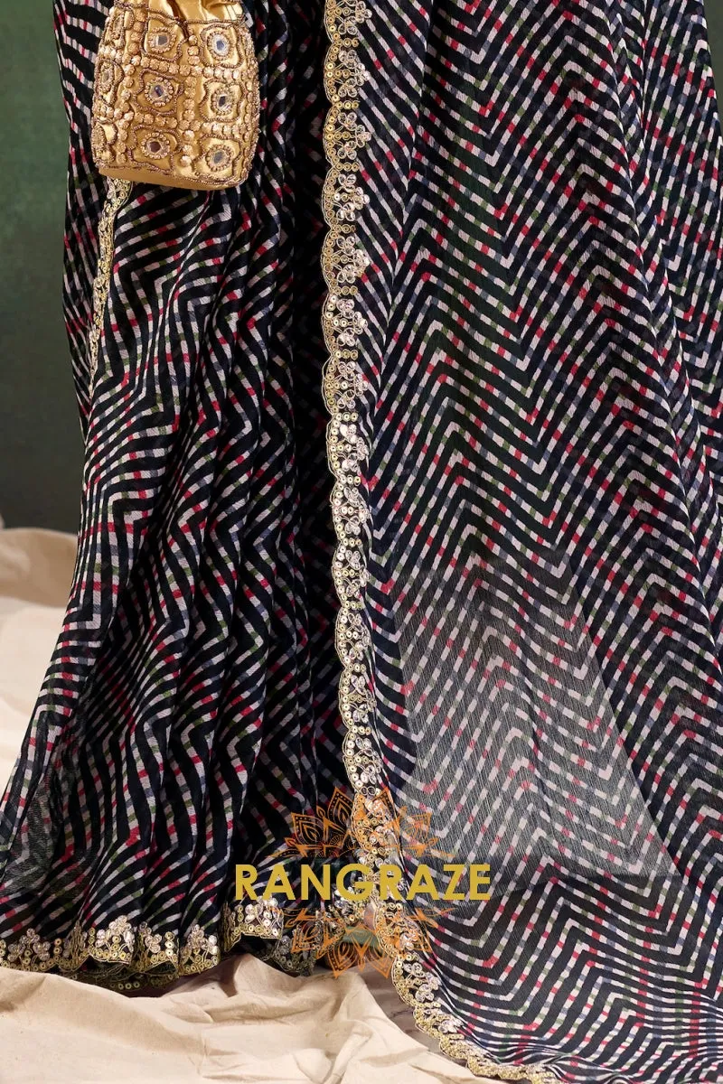 Black Multicolor Striped Pure Chiffon Saree with Embroidered Border and Red Blouse