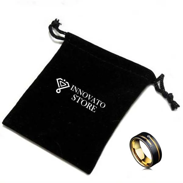 Black Tone Tungsten Wedding Ring with Gold Plated Inside and Gold Tone Line Inlay Plus Two White Zircons