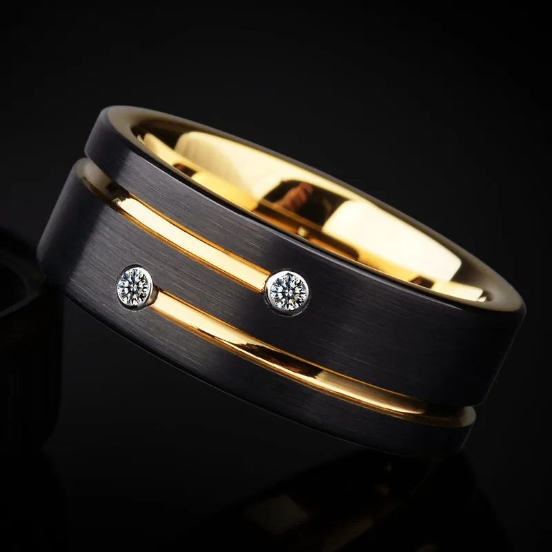 Black Tone Tungsten Wedding Ring with Gold Plated Inside and Gold Tone Line Inlay Plus Two White Zircons