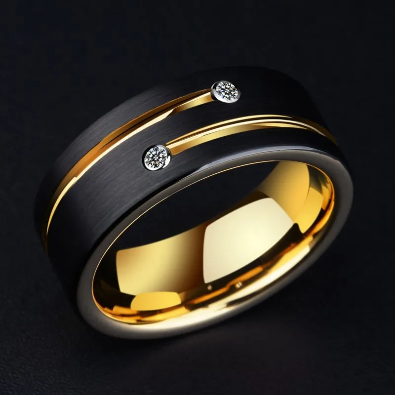 Black Tone Tungsten Wedding Ring with Gold Plated Inside and Gold Tone Line Inlay Plus Two White Zircons