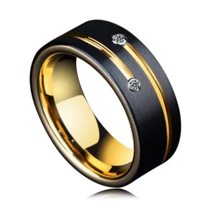 Black Tone Tungsten Wedding Ring with Gold Plated Inside and Gold Tone Line Inlay Plus Two White Zircons