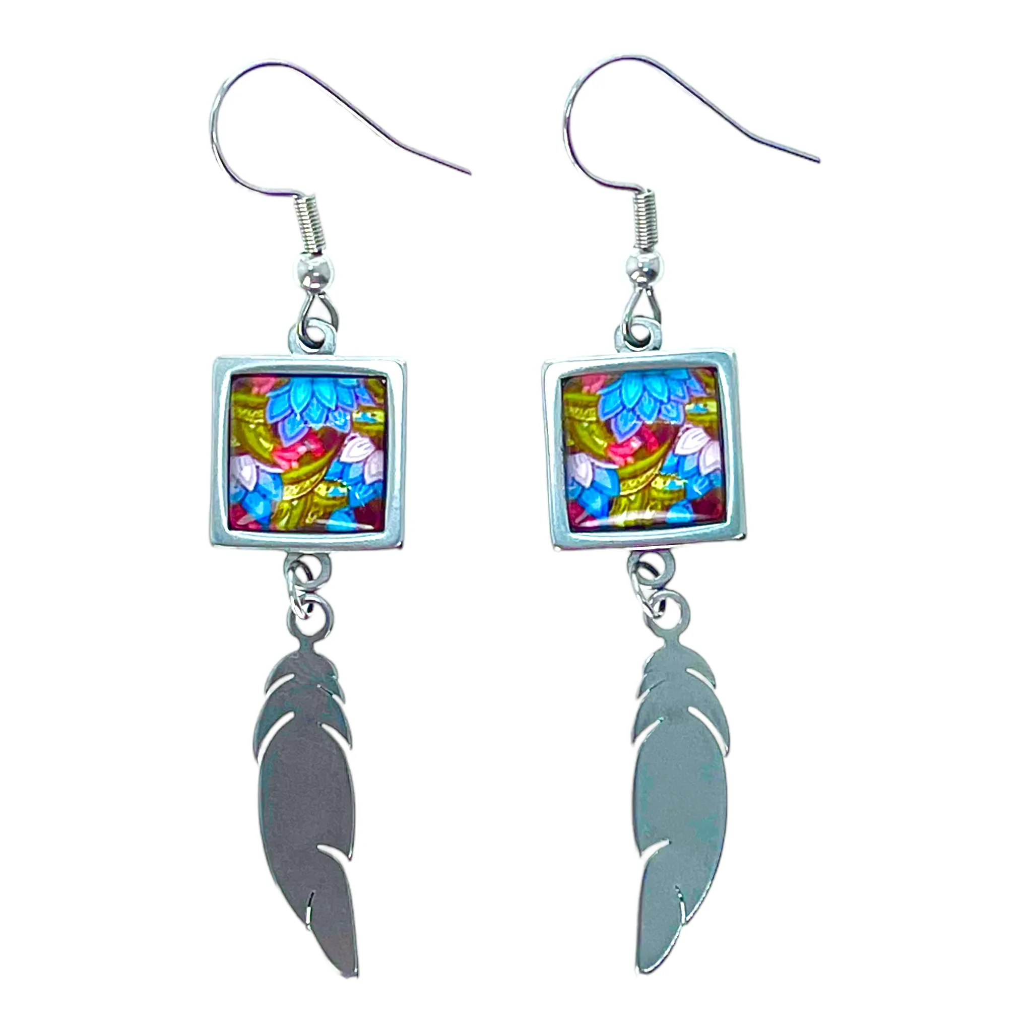 Blue Bloom Square Feather Earrings