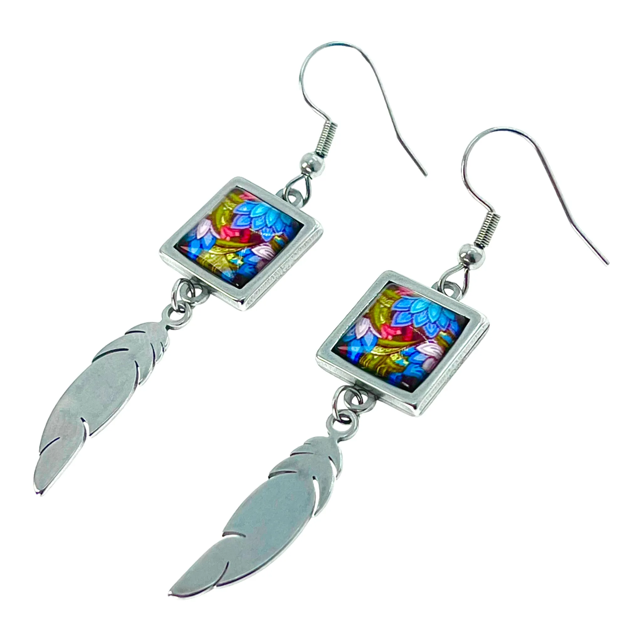 Blue Bloom Square Feather Earrings