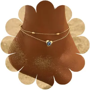 Bohemian Layered Heart Anklet Evil Eye Ankle Bracelets Dainty Anklets Chain Bracelet Summer Beach Foot Ankle Chain Jewelry for Women and Teen