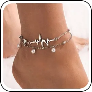 Bohemian Layered Heartbeat Anklet Chain Silver Heart Ankle Bracelet Retro Pearl Dangle Anklets Adjustable Anklets Summer Beach Foot Chain Jewelry for Women