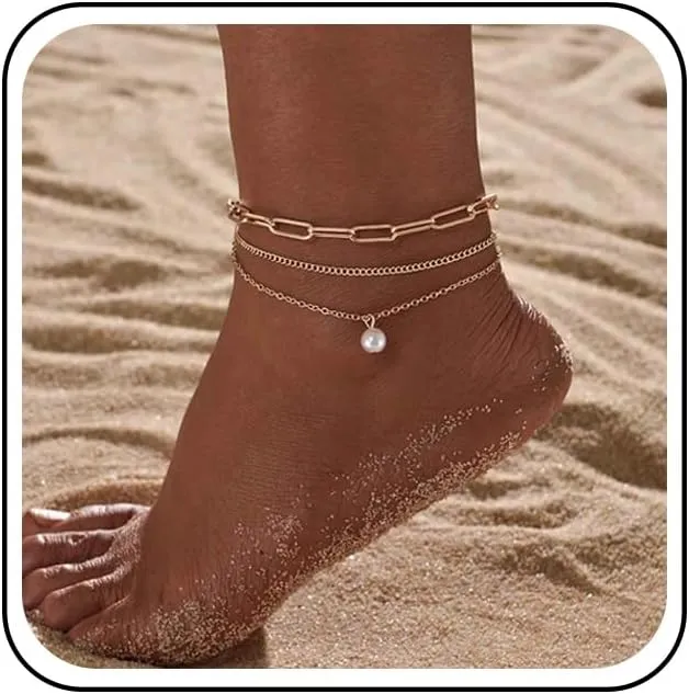 Bohemian Layered Pearl Anklet Bracelet Paperclip Link Anklet Chain Gold Multi Layered Foot Chain Summer Pearl Beach Foot Chain Jewelry for Women