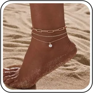 Bohemian Layered Pearl Anklet Bracelet Paperclip Link Anklet Chain Gold Multi Layered Foot Chain Summer Pearl Beach Foot Chain Jewelry for Women