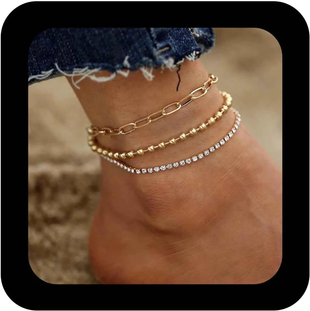 Bohemian Multi Layered Anklet Bracelet Gold Crystal Tennis Chain Anklet Bracelet Beaded Ankle Chain Bracelet Paperclip Link Anklet Chain Summer Beach Foot Chain Jewelry for Women