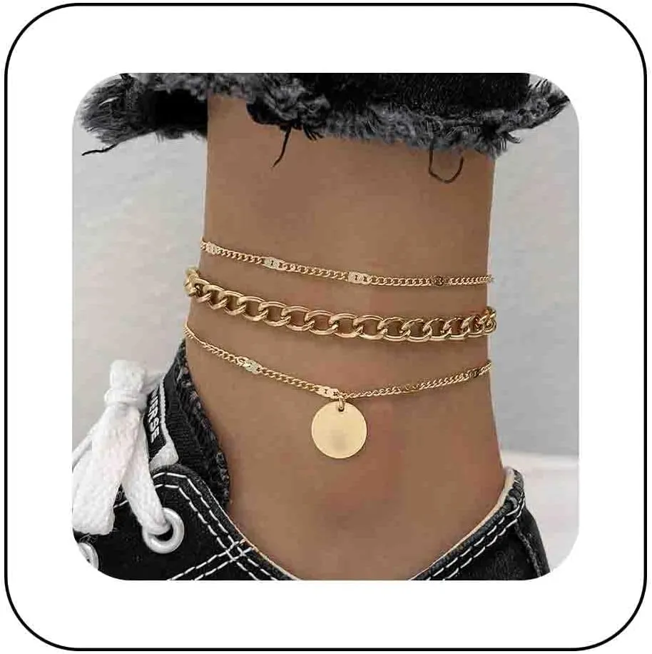 Boho Layered Coin Disc Anklet Bracelets Gold Curb Link Ankelt Chain Layering Gold Anklets Chain Round Disc Foot Chain Anklet Summer Anklets Jewelry for Women 3 Pcs