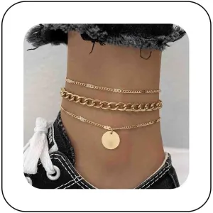 Boho Layered Coin Disc Anklet Bracelets Gold Curb Link Ankelt Chain Layering Gold Anklets Chain Round Disc Foot Chain Anklet Summer Anklets Jewelry for Women 3 Pcs