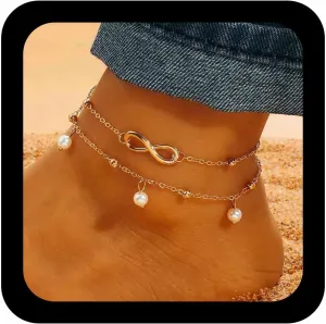 Boho Layered Infinity Anklet Bracelet Gold Number 8 Foot Chain Vintage Pearl Tassel Chain Anklets Love Knot Link Bracelet Jewelry for Women