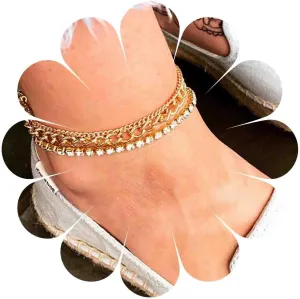 Boho Layered Rhinestone Anklet Bracelet Bling Tennis Anklets Gold Curb Chain Anklet Cz Crystal Anklet Bracelets Beach Layered Anklet Jewelry for Women