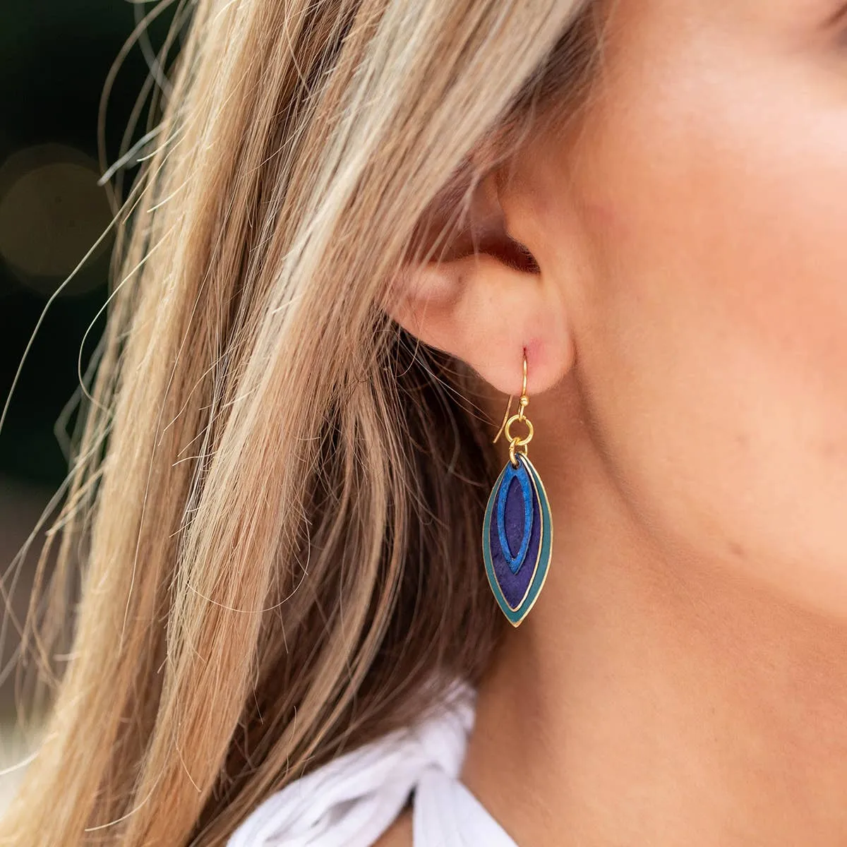 Brass Patina Earrings Purple Blue Layered Teardrop