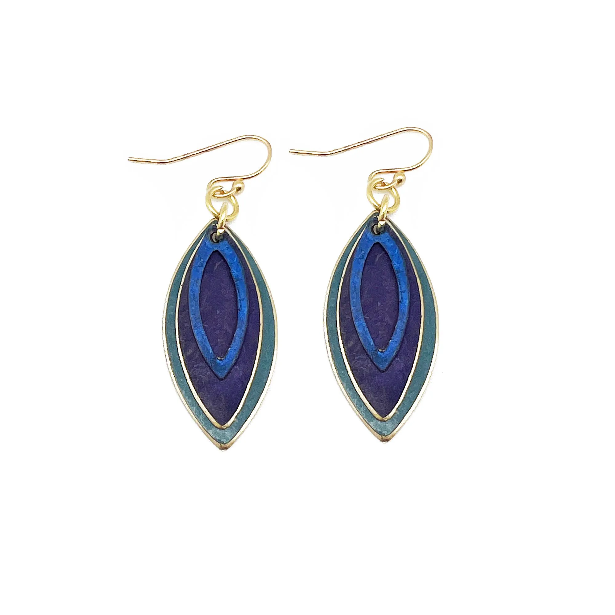Brass Patina Earrings Purple Blue Layered Teardrop