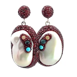 Burgundy Crystal Oval Pearl Drop Sterling Silver Earrings
