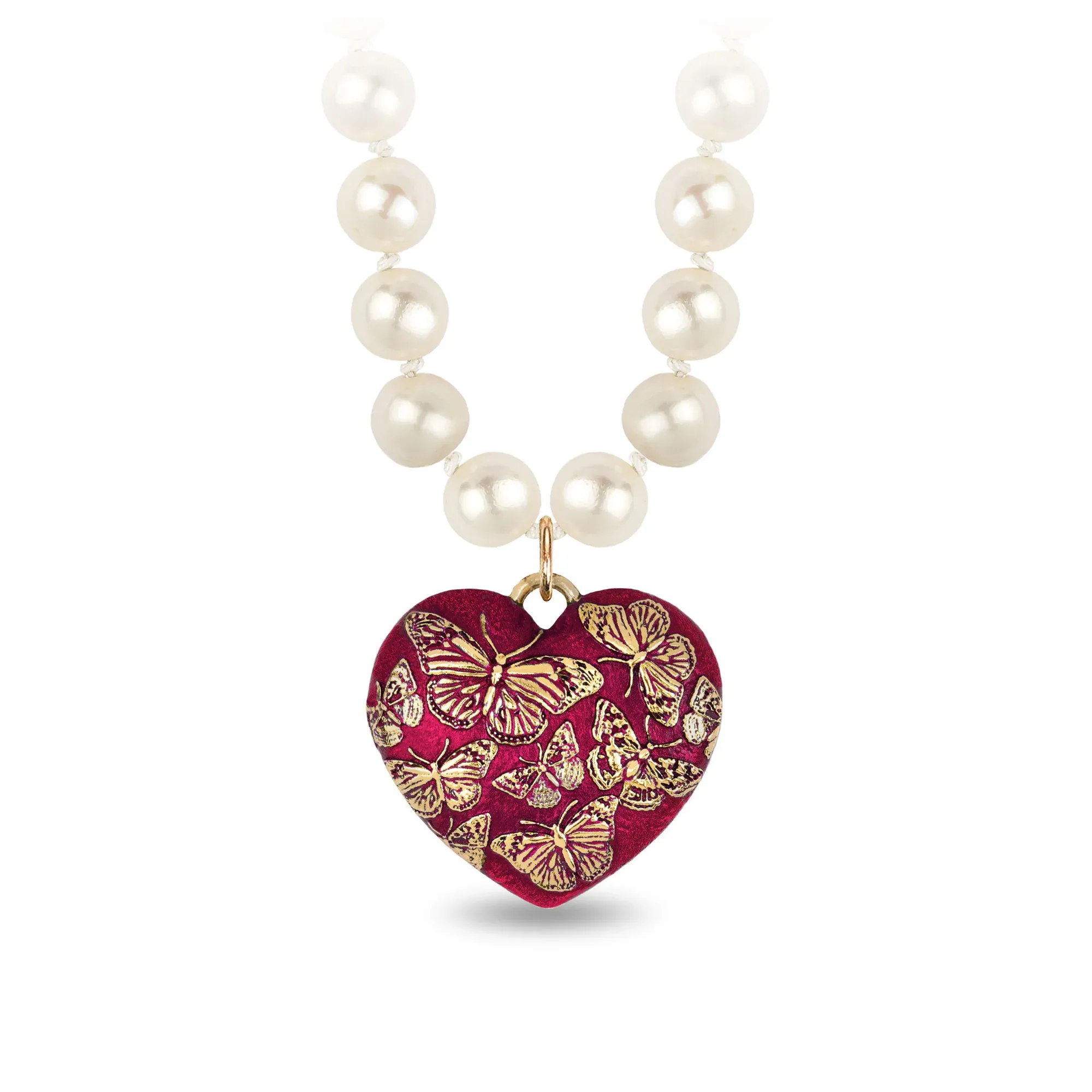 Butterfly 14K Gold Large Puffed Heart Talisman On Knotted Freshwater Pearl Necklace - True Colors