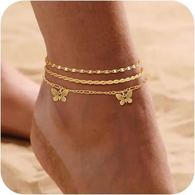 CAROVO Gold Ankle Bracelets for Women 14K Real Gold Plated Layered Anklet Waterproof Set Snake Sparkly Cuban Link Figaro Bead Paperclip Butterfly Chain Stackable Anklets Set Beach Jewelry for Women