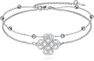 Celtic Knot/Bee/Four Leaf Clover/Heart Cross/Chakra Leaf/Ballet Shoes/Love Knot Anklets Sterling Silver Double Layered Chain Beach Womens Anklets Foot Jewelry Gifts