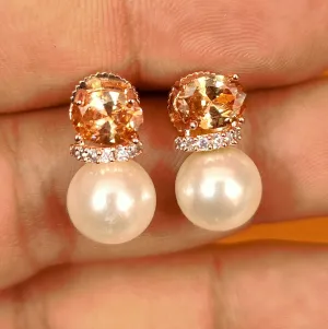 CITRINE STONE ROSE GOLD PEARL STUDS