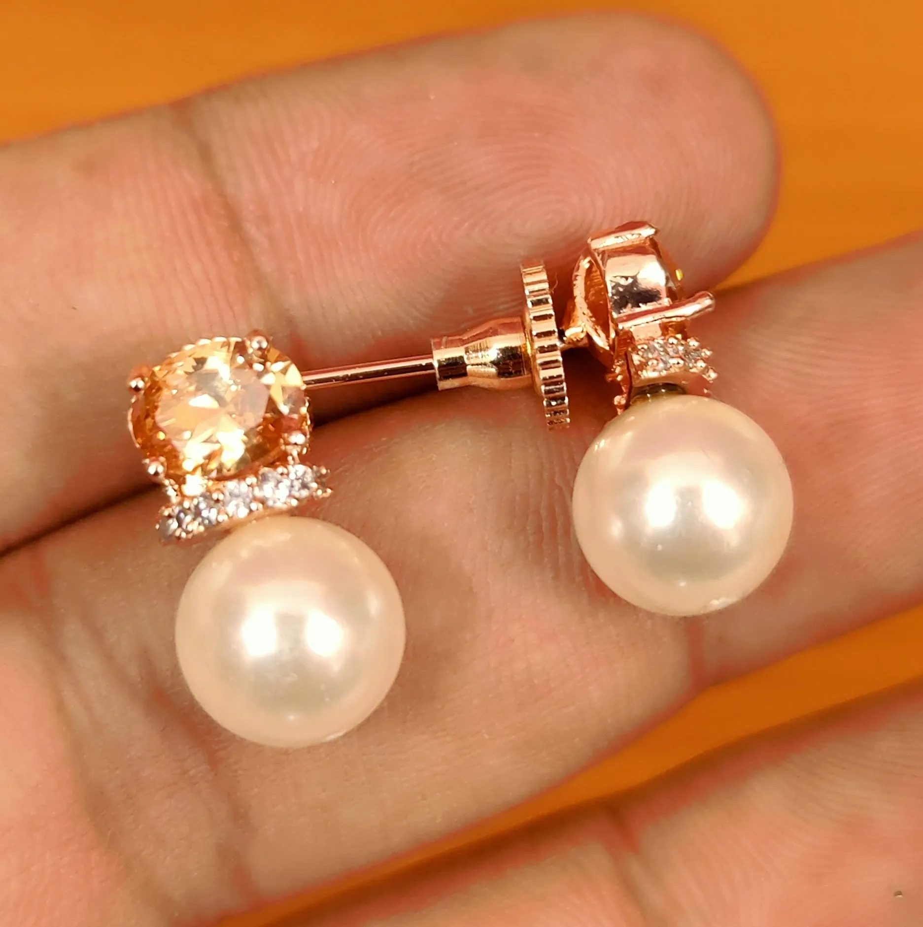 CITRINE STONE ROSE GOLD PEARL STUDS