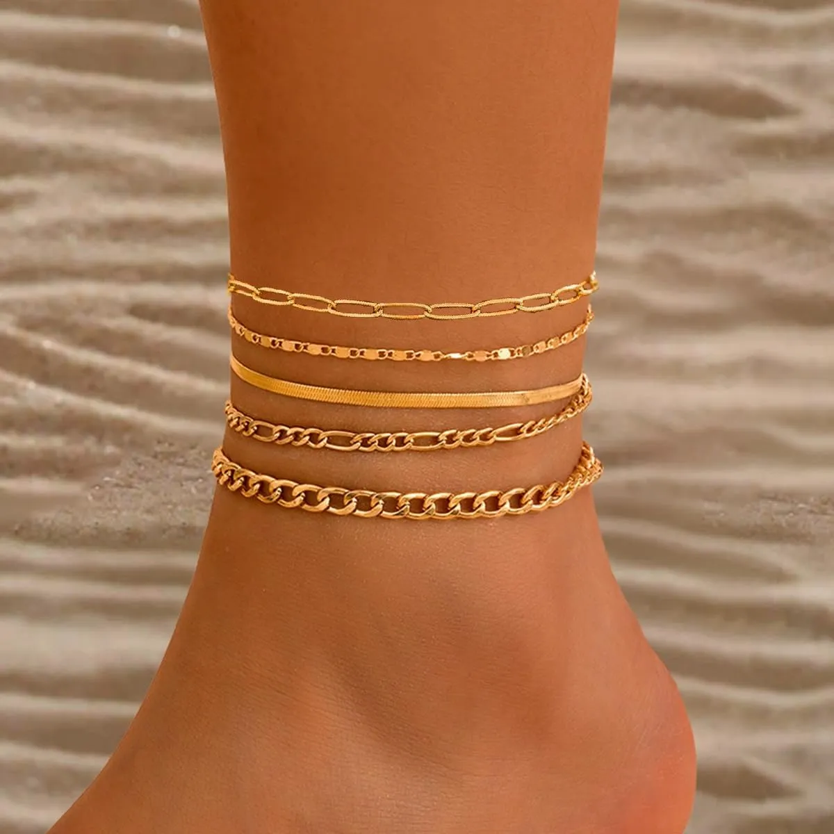 CJIAYUJEW Gold Ankle Bracelets for Women Silver Cuban Link Anklets Set Waterproof Sparkly Beads Anklet Stackable Layered Anklets Summer Beach Jewelry for Women