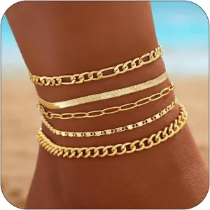 CJIAYUJEW Gold Ankle Bracelets for Women Silver Cuban Link Anklets Set Waterproof Sparkly Beads Anklet Stackable Layered Anklets Summer Beach Jewelry for Women
