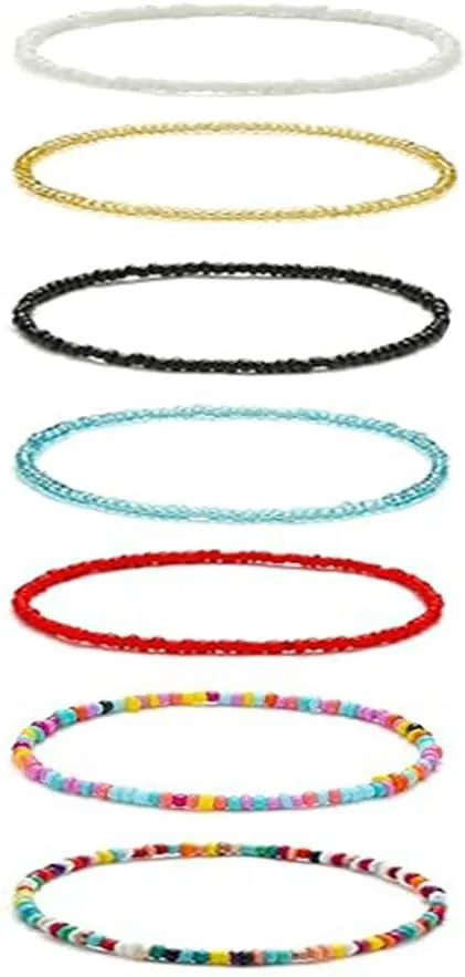 Clataly 7Pcs Anklet Bracelets Handmade Elastic Beaded Ankle Colorful Beads Foot Chain Summer Foot Jewelry Set for Women