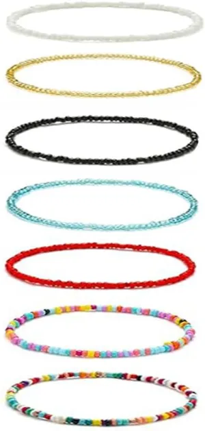 Clataly 7Pcs Anklet Bracelets Handmade Elastic Beaded Ankle Colorful Beads Foot Chain Summer Foot Jewelry Set for Women