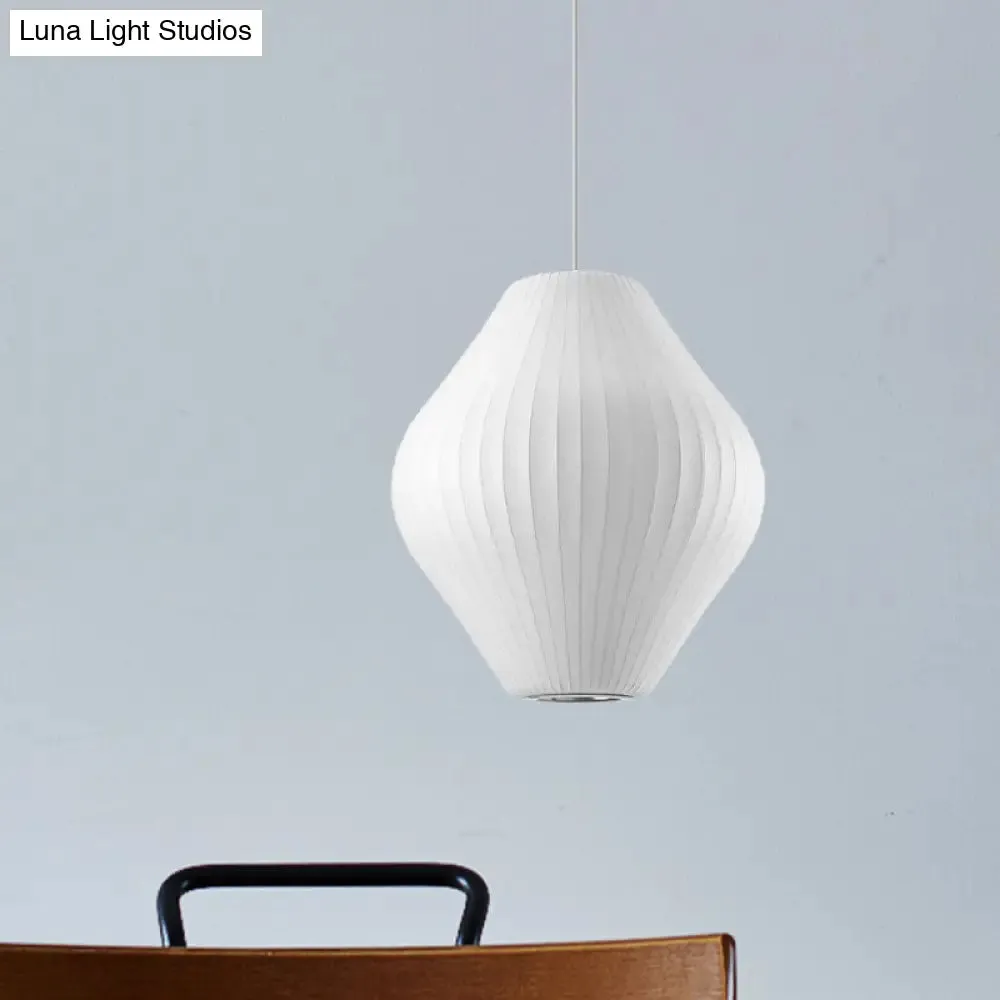 Contemporary White Hanging Light with Pear Fabric Shade - 1 Bulb Ceiling Pendant, 12.5"/17"W