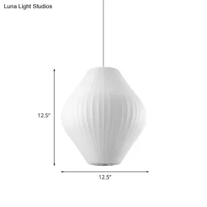 Contemporary White Hanging Light with Pear Fabric Shade - 1 Bulb Ceiling Pendant, 12.5"/17"W