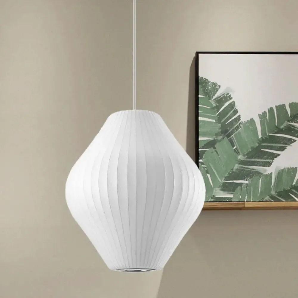 Contemporary White Hanging Light with Pear Fabric Shade - 1 Bulb Ceiling Pendant, 12.5"/17"W