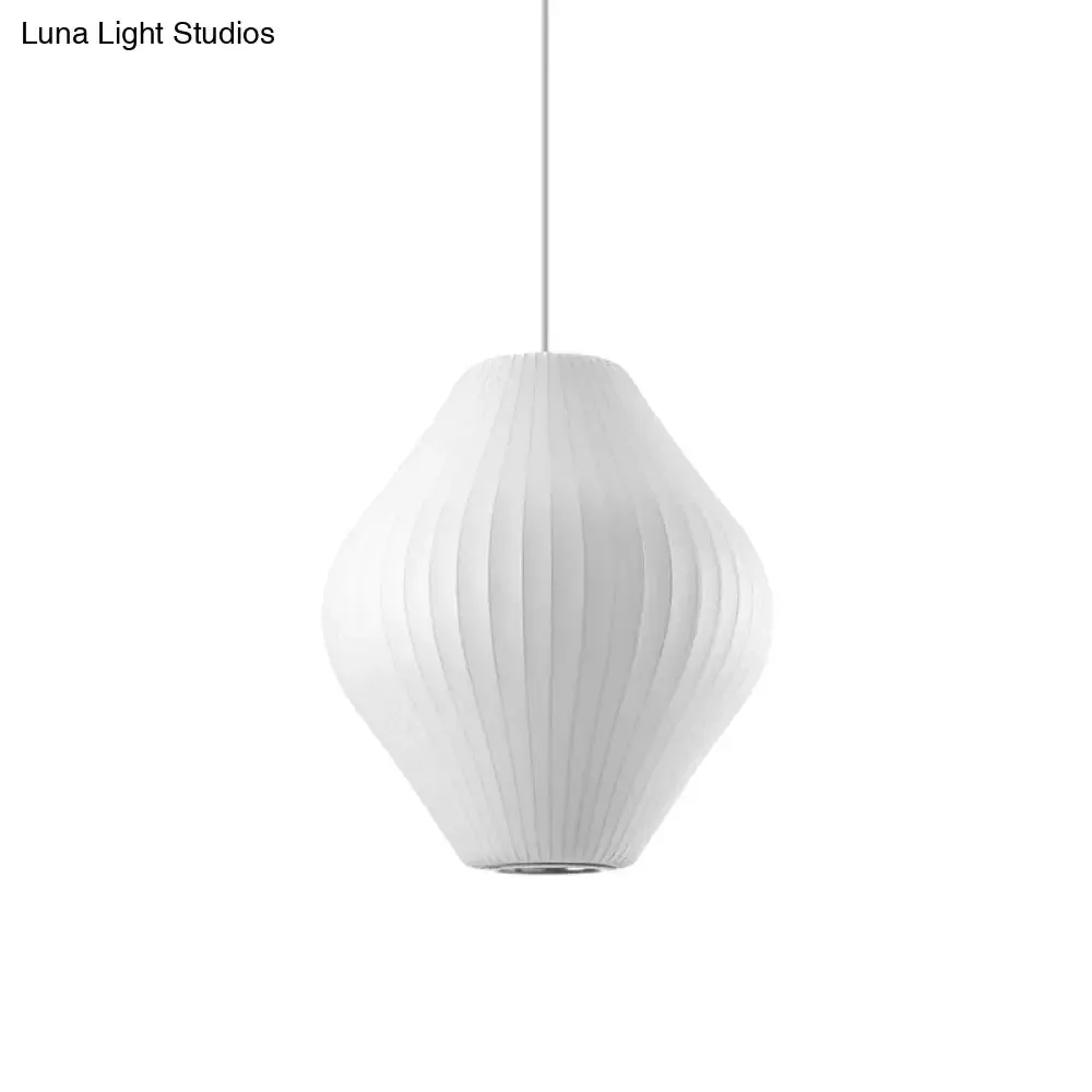 Contemporary White Hanging Light with Pear Fabric Shade - 1 Bulb Ceiling Pendant, 12.5"/17"W
