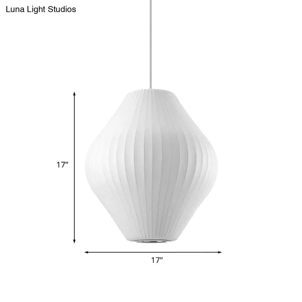 Contemporary White Hanging Light with Pear Fabric Shade - 1 Bulb Ceiling Pendant, 12.5"/17"W