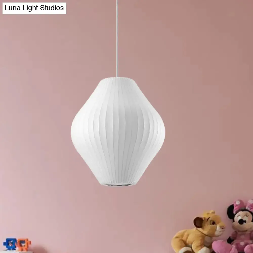 Contemporary White Hanging Light with Pear Fabric Shade - 1 Bulb Ceiling Pendant, 12.5"/17"W