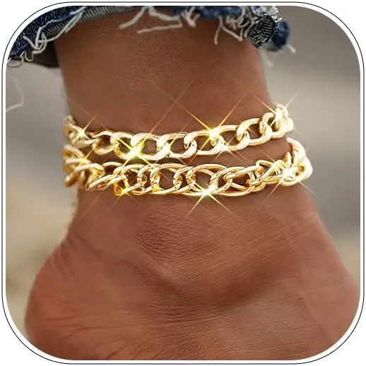 Cuban Chunky Ankle Bracelets Gold Layered Link Chain Anklets Set for Women (2PC)