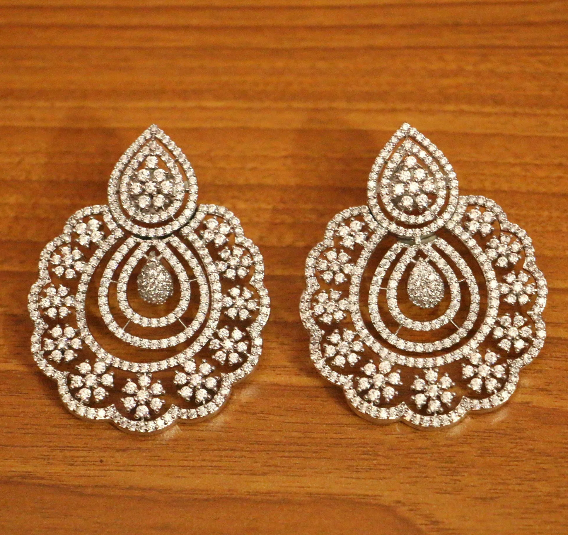 CZ STUDDED WHITE RHODIUM DIAMOND LOOK DANGLERS