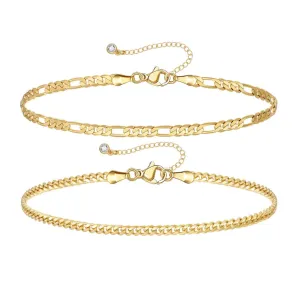 Dainty 14k Gold Plated Layering Anklets Bracelets Set-Figaro & 3mm cuban