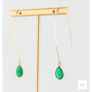 Dainty Green Onyx Earrings: Fishhook Style Long Gold Earrings